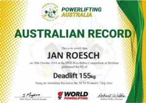 Jan Roesch Powerlifting Australia Australian Record 72kg 50-54 Women's Deadlift 155kg
