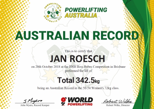 Jan Roesch Powerlifting Australia Australian Record in the 72kg 50-54 Women's - Total 342.5kg